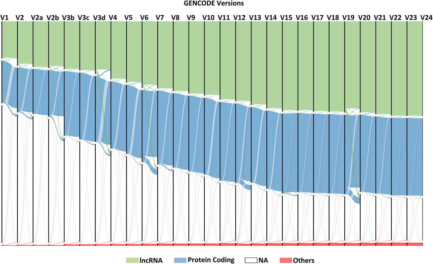 Sankey diagram of gene type changes in GENCODE versions