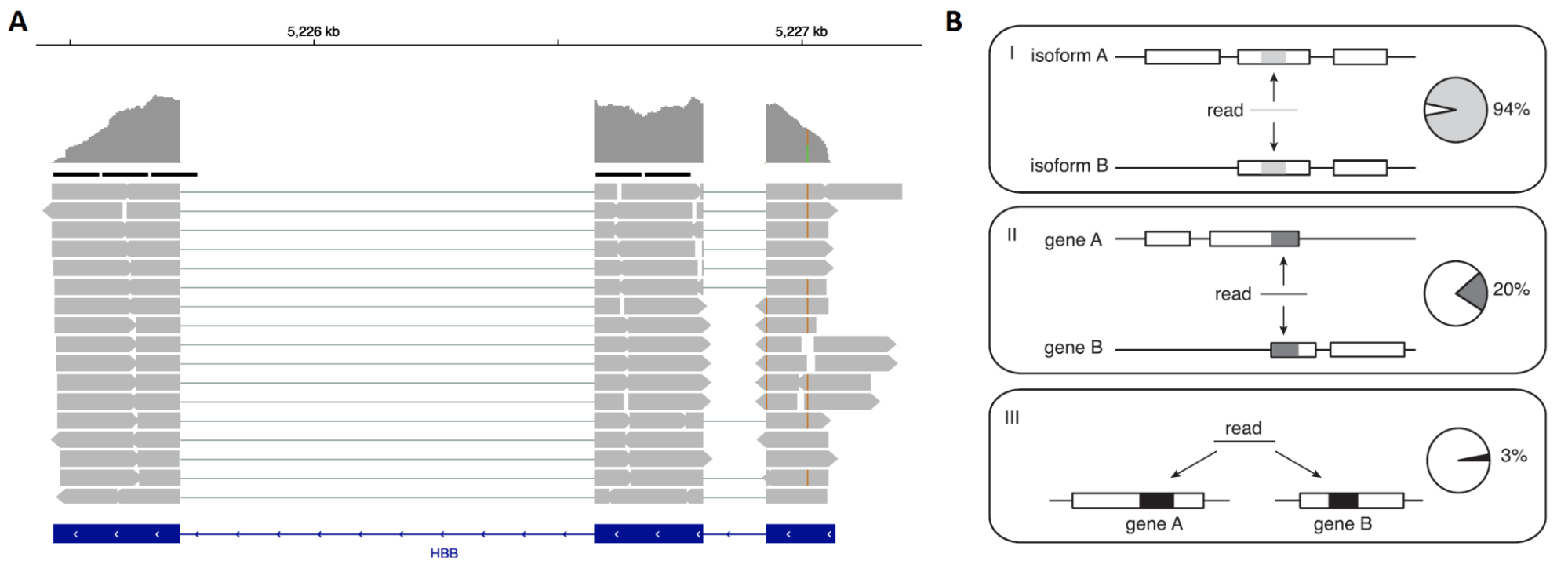 A: typical read coverage in a bulk RNA-seq or Smart-seq2 experiment; B: types of ambiguity that arise when reads are assigned to features